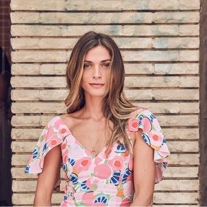 Brand New Saloni Chiquita Dress in Abstract Peach Blossom